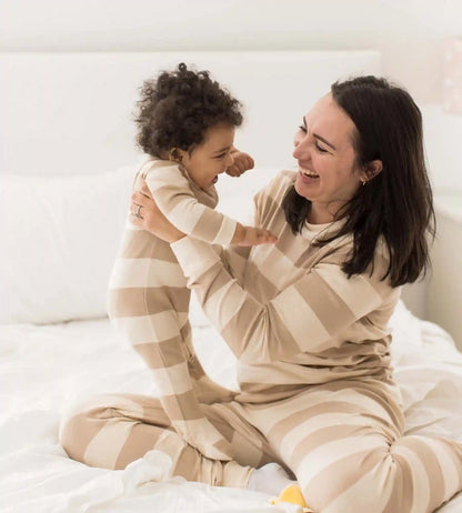 Mommy & Me Rugby Stripe Organic Cotton Two-Piece Pajamas - Oat
